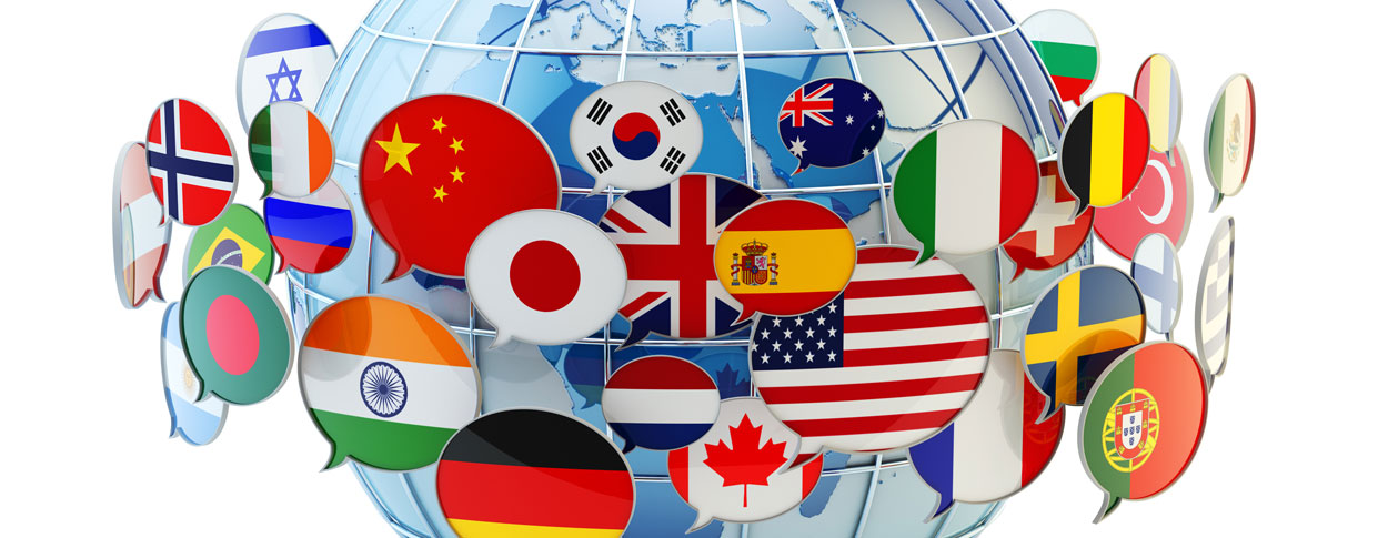 A globe surrounded by flags of the world